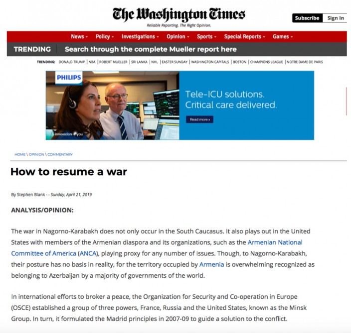 “Washington Times” erməni lobbisinin pozucu fəaliyyəti haqqında yazdı