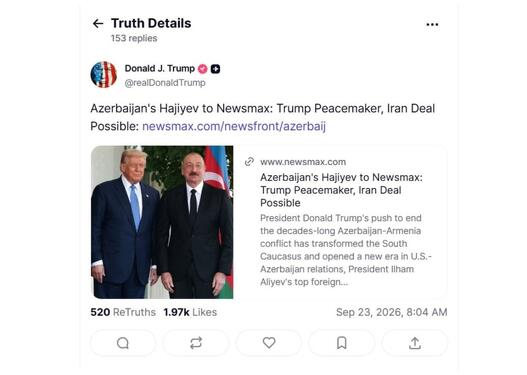Tramp Hikmət Hacıyevin "Newsmax"a müsahibəsini paylaşıb